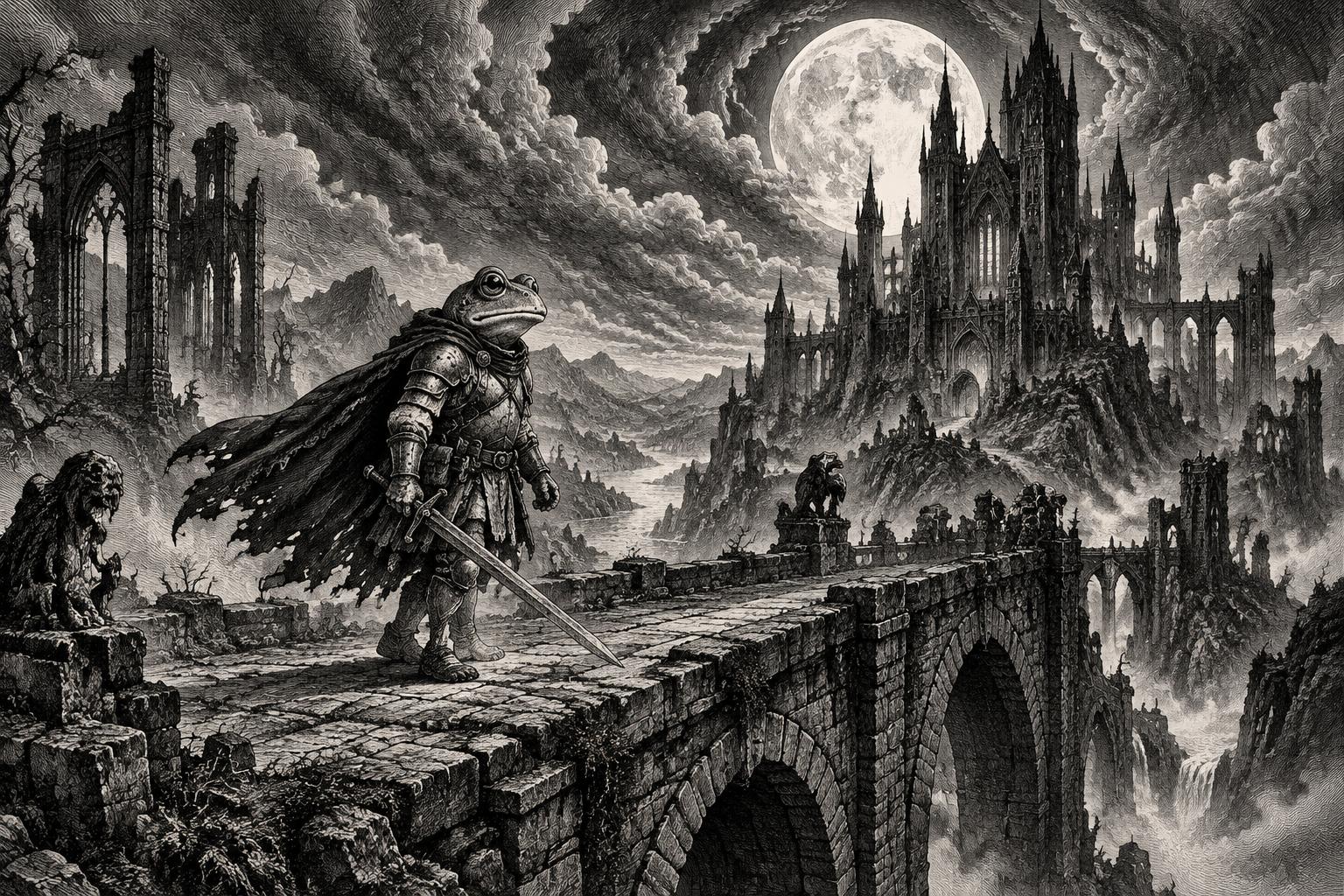 Frog knight crossing a bridge toward a moonlit castle